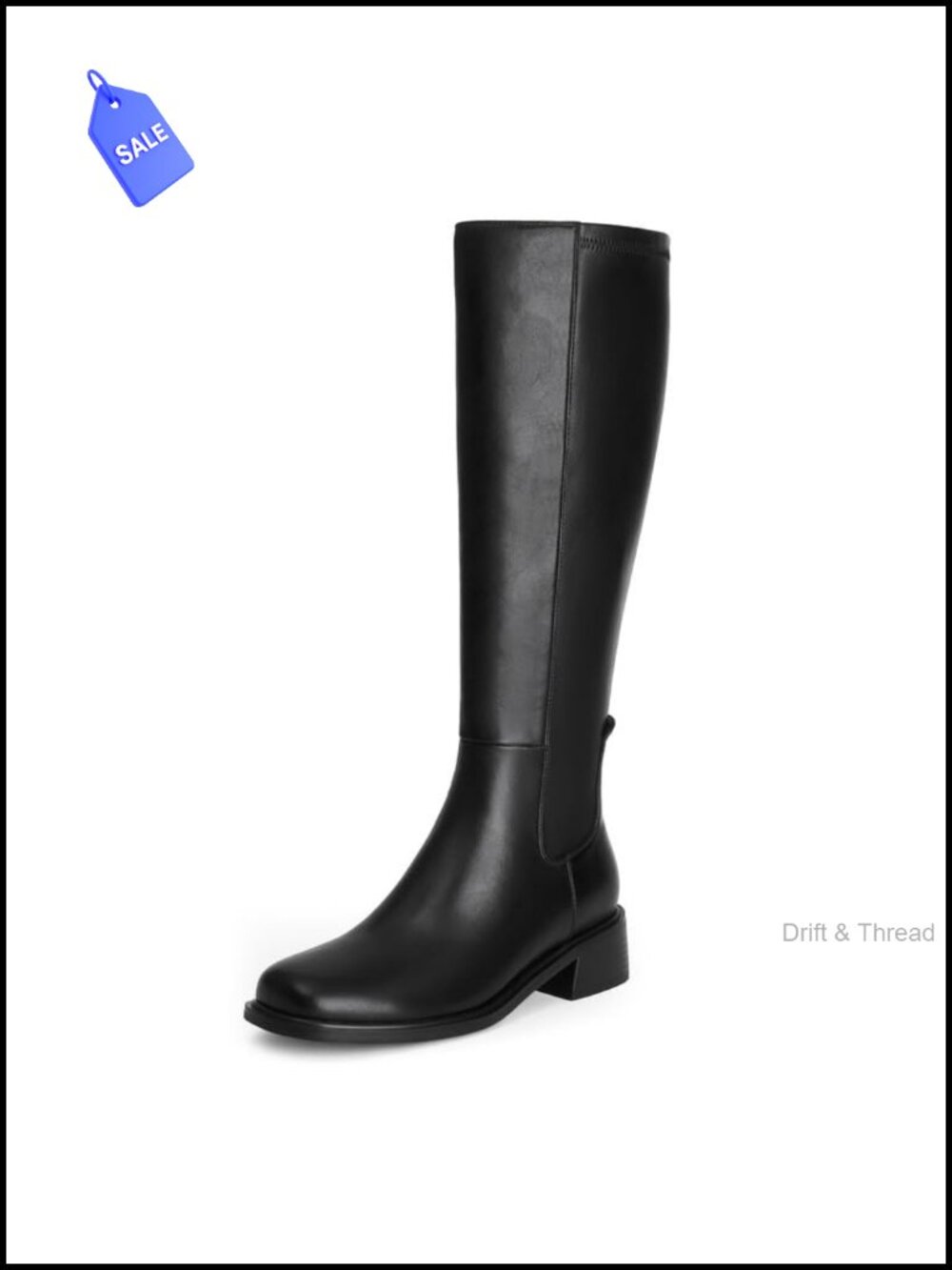 Faux Leather Knee High Boots Low Heel Square Toe Stretch Comfort Women's